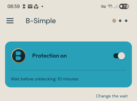 The app showing protection on again, with the wait before unblocking.
