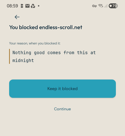 The Gate showing the reason the user wrote when they blocked a site.
